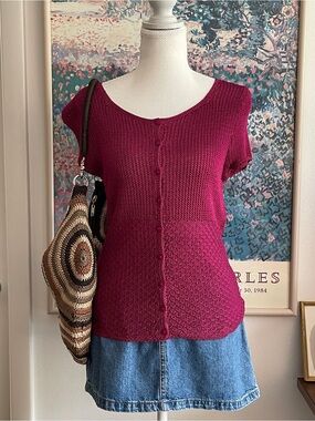 Emma James Knit Top Womens Medium Dark Pink Button Front Dark Academia Coquette